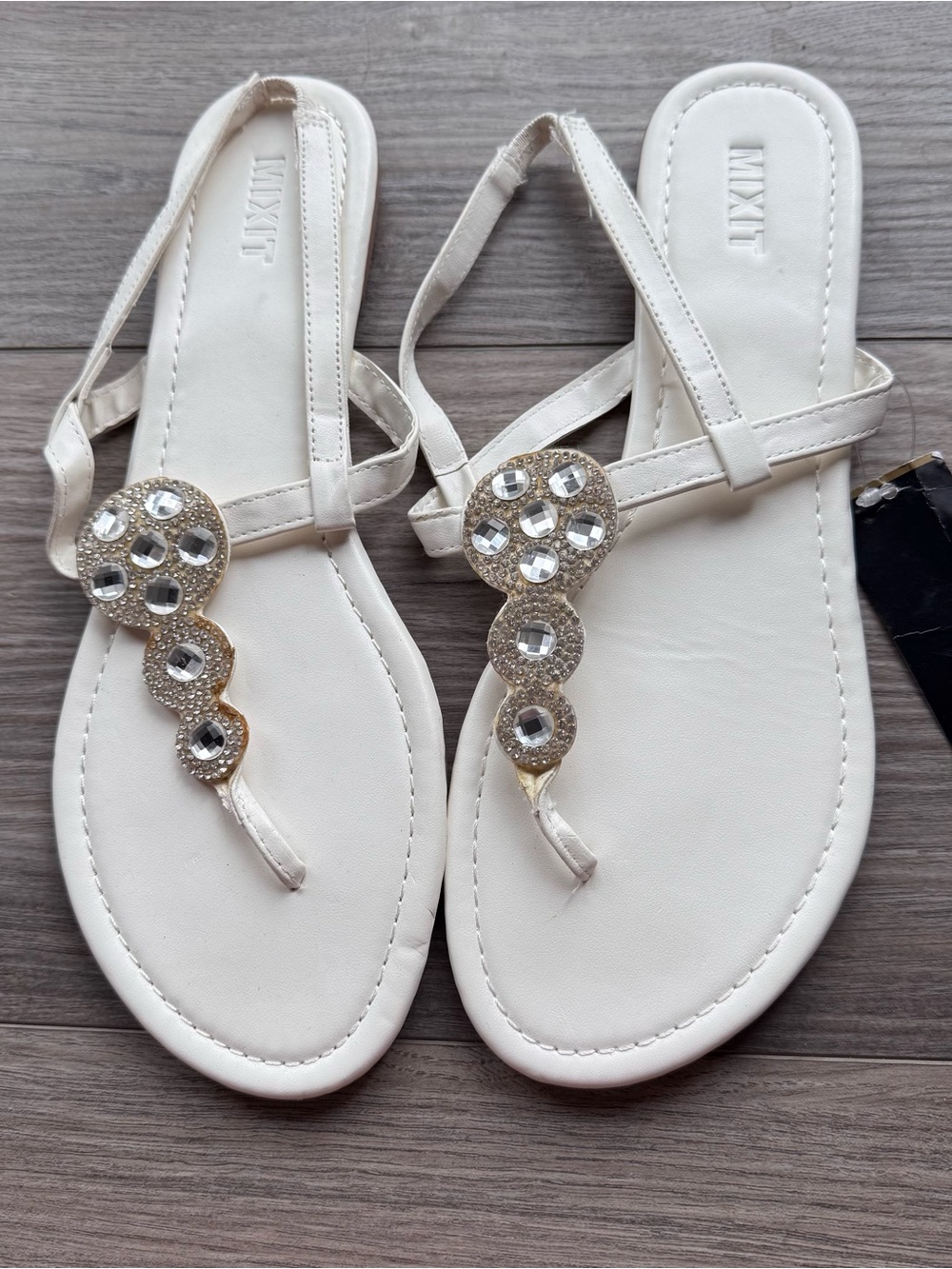 NEW White T-Strap Sandals with Rhinestone Accents